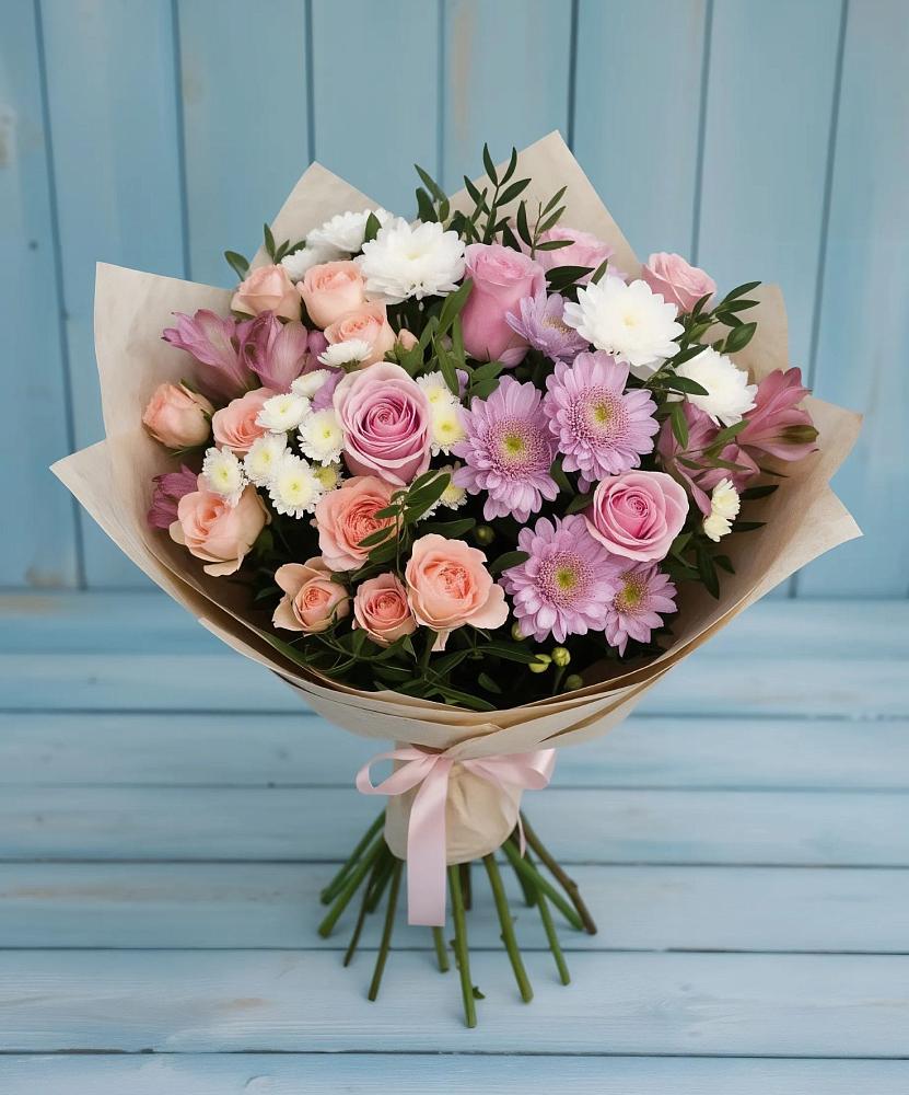 Букет цветов из: Хризантемы, Розы и Альстромерии в Мильково Камчатского края