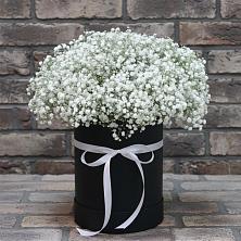 Цветочная композиция из Гипсофила в шляпной коробке в Мильково Камчатского края
