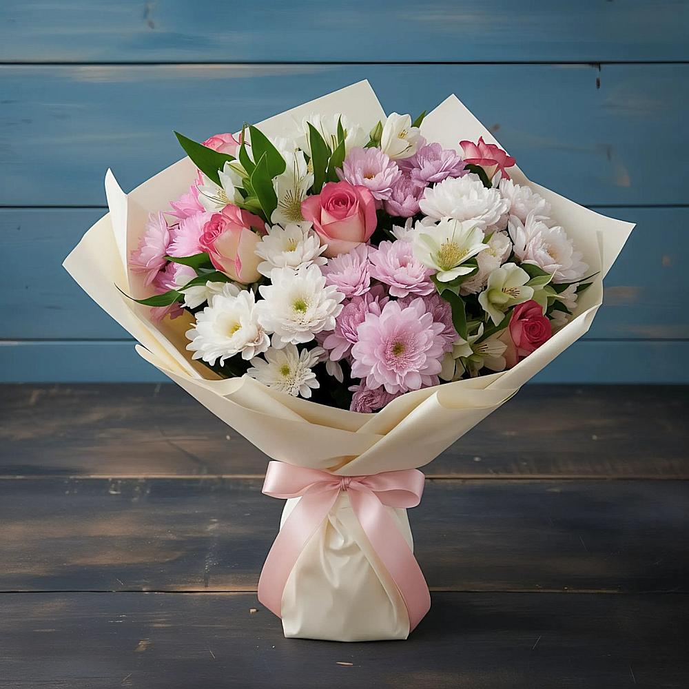 Букет цветов из: Хризантемы, Альстромерии и Розы в Мильково Камчатского края